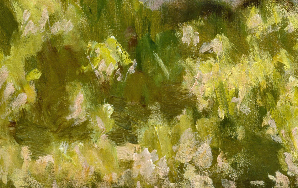 Close-up detail of lilac flowers in Springtime by Claude Monet, showing the blossoms and foliage that frame Camille Monet in the Argenteuil garden.